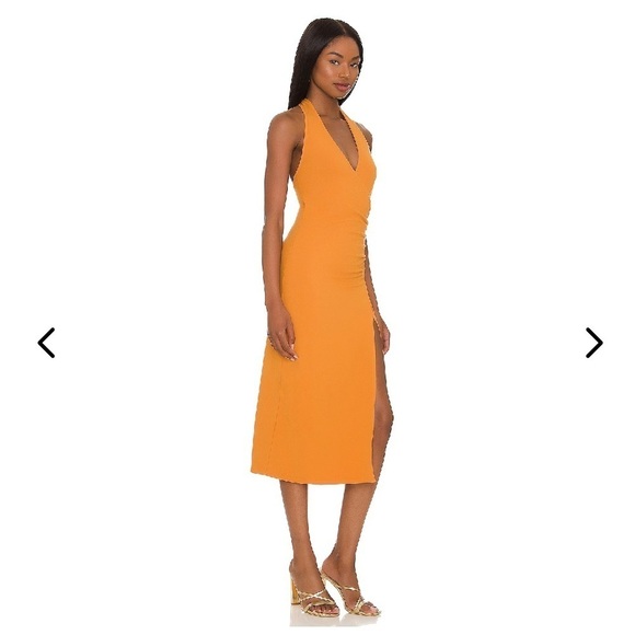Lovers + Friends Midi Tie Halter Dress Burnt Orange Gold Mary Stretch High Slit - Picture 2 of 6